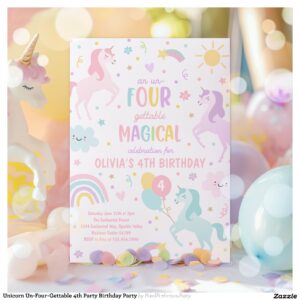 Unicorn Un-Four-Gettable 4th Party Birthday Party Invitation