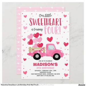 Valentine Sweetheart 4th Birthday Pink Red Truck Invitation