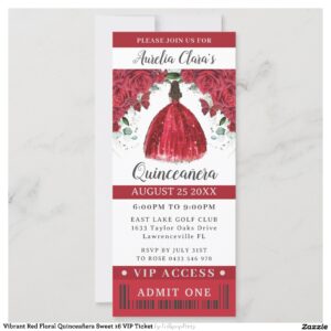 Vibrant Red Floral Quincea?era Sweet 16 VIP Ticket Invitation
