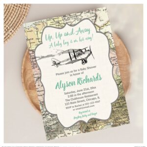 Vintage airplane boy baby shower travel map invitation