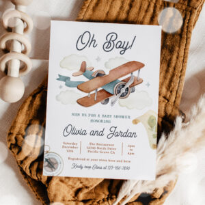Vintage Airplane Boy Travel Baby Shower Invitation