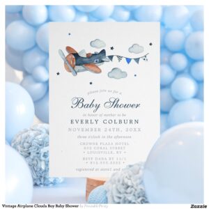 Vintage Airplane Clouds Boy Baby Shower Invitation