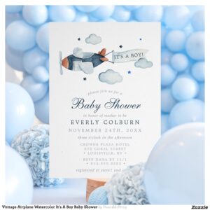 Vintage Airplane Watercolor It's A Boy Baby Shower Invitation