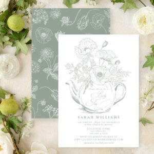 Vintage Baby Tea Party Shower Floral Sage Green Invitation