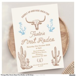 Vintage Blue Brown Boys First Rodeo 1st Birthday Invitation