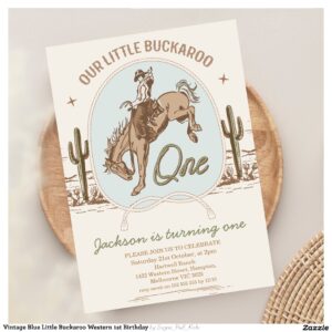 Vintage Blue Little Buckaroo Western 1st Birthday Invitation