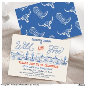 Vintage Blue Red Rodeo Wild and Free 3rd Birthday Invitation