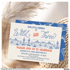 Vintage Blue Rodeo Wild and Three 3rd Birthday Invitation