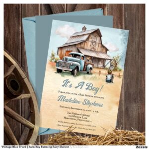 Vintage Blue Truck Barn Boy Farming Baby Shower Invitation