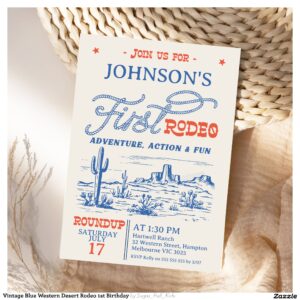 Vintage Blue Western Desert Rodeo 1st Birthday Invitation