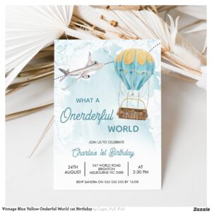 Vintage Blue Yellow Onderful World 1st Birthday Invitation