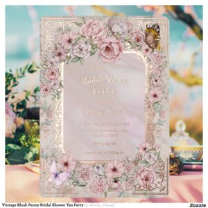 Vintage Blush Peony Bridal Shower Tea Party Foil Invitation