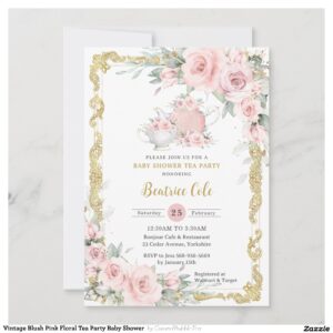 Vintage Blush Pink Floral Tea Party Baby Shower Invitation