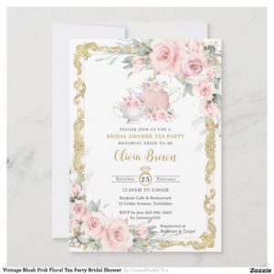 Vintage Blush Pink Floral Tea Party Bridal Shower Invitation