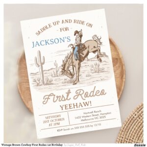 Vintage Brown Cowboy First Rodeo 1st Birthday Invitation