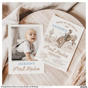 Vintage Brown Photo Cowboy Rodeo 1st Birthday Invitation