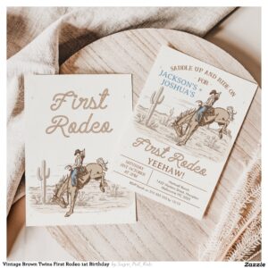 Vintage Brown Twins First Rodeo 1st Birthday Invitation