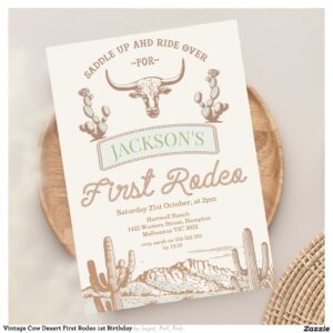Vintage Cow Desert First Rodeo 1st Birthday Invitation