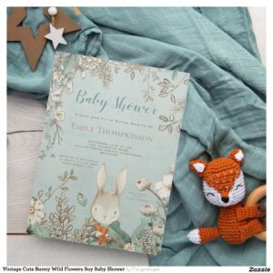 Vintage Cute Bunny Wild Flowers Boy Baby Shower Invitation