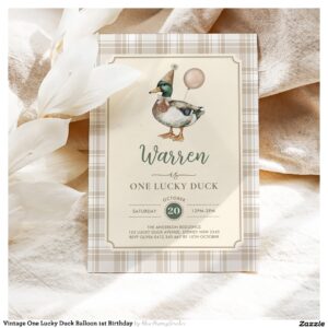 Vintage One Lucky Duck Balloon 1st Birthday Invitation