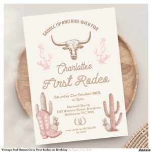 Vintage Pink Brown Girls First Rodeo 1st Birthday Invitation