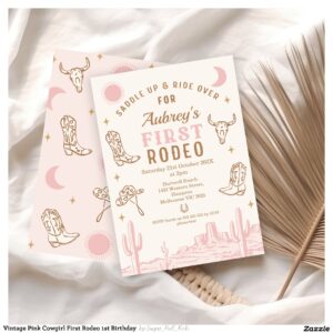 Vintage Pink Cowgirl First Rodeo 1st Birthday Invitation