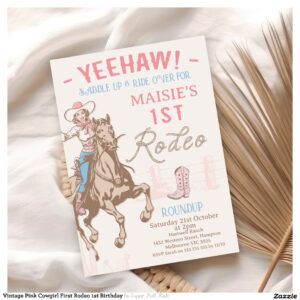 Vintage Pink Cowgirl First Rodeo 1st Birthday Invitation
