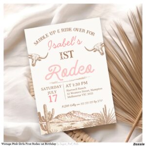 Vintage Pink Girls First Rodeo 1st Birthday Invitation