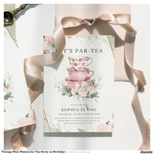 Vintage Pink Watercolor Tea Party 1st Birthday Invitation