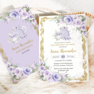 Vintage Purple Floral High Tea Party Birthday Invitation
