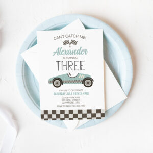Vintage Race Car blue Third Birthday Invitation