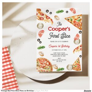 Vintage Red First Slice Pizza 1st Birthday Invitation