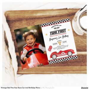 Vintage Red Two Fast Race Car 2nd Birthday Photo Invitation