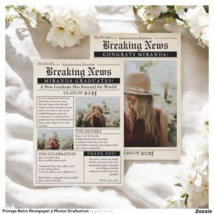 Vintage Retro Newspaper 3 Photos Graduation Invitation