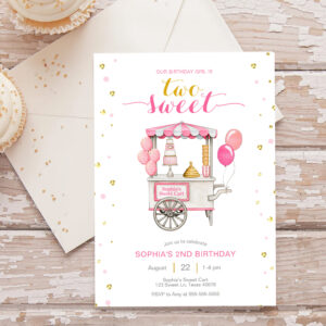 Vintage sweet treat cart 2nd birthday party invitation