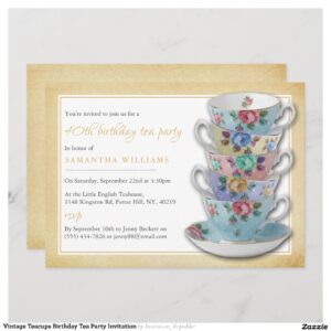 Vintage Teacups Birthday Tea Party Invitation