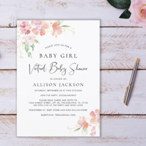 Virtual Baby Girl Shower Pink Coral Gold Floral Invitation