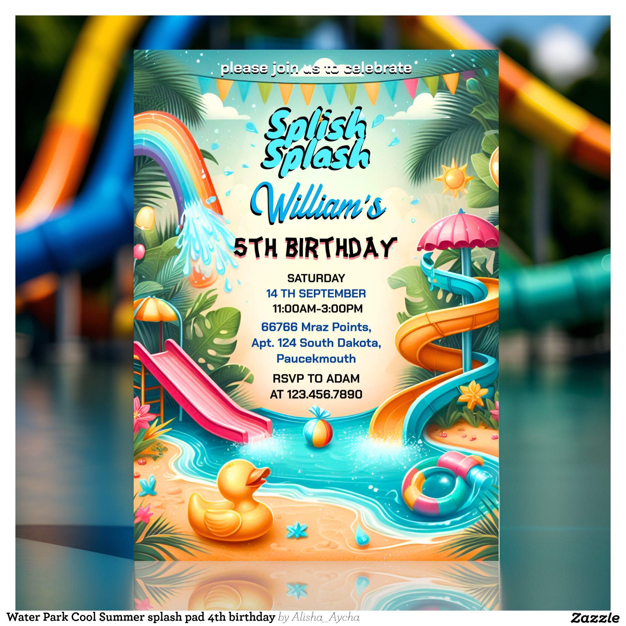 Water Park Cool Summer splash pad 4th birthday Invitation