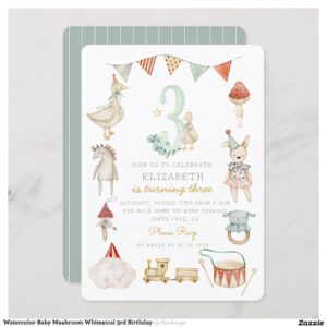 Watercolor Baby Mushroom Whimsical 3rd Birthday Invitation