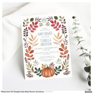 Watercolor Fall Pumpkin Boy Baby Shower Invitation