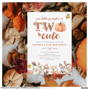 Watercolor Fall Pumpkin Wildflower 2nd Birthday Invitation