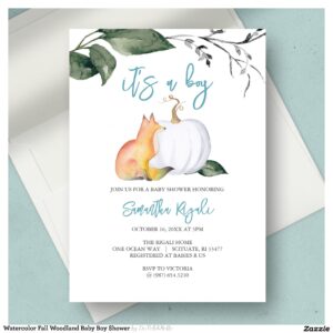 Watercolor Fall Woodland Baby Boy Shower Invitation