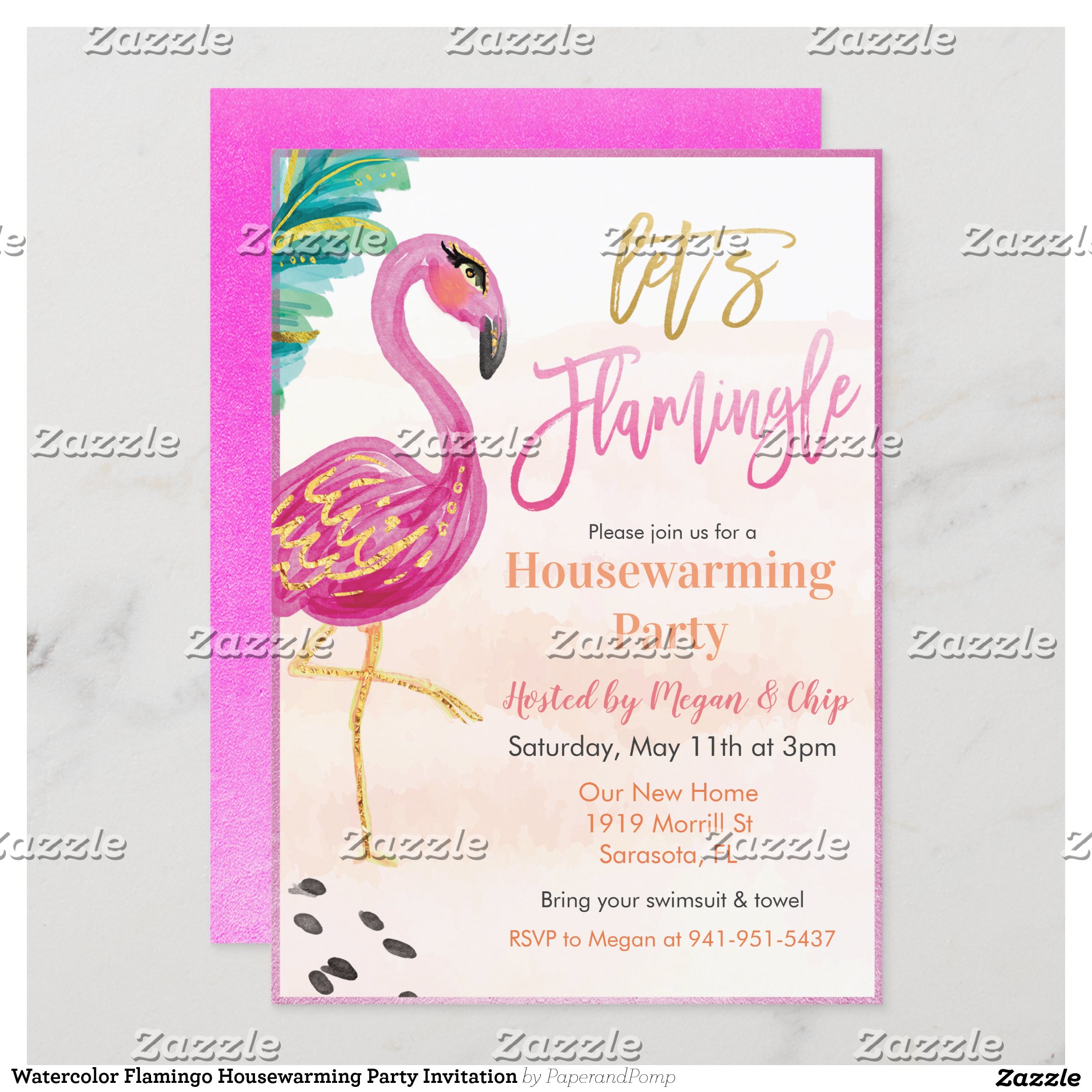 Watercolor Flamingo Housewarming Party Invitation