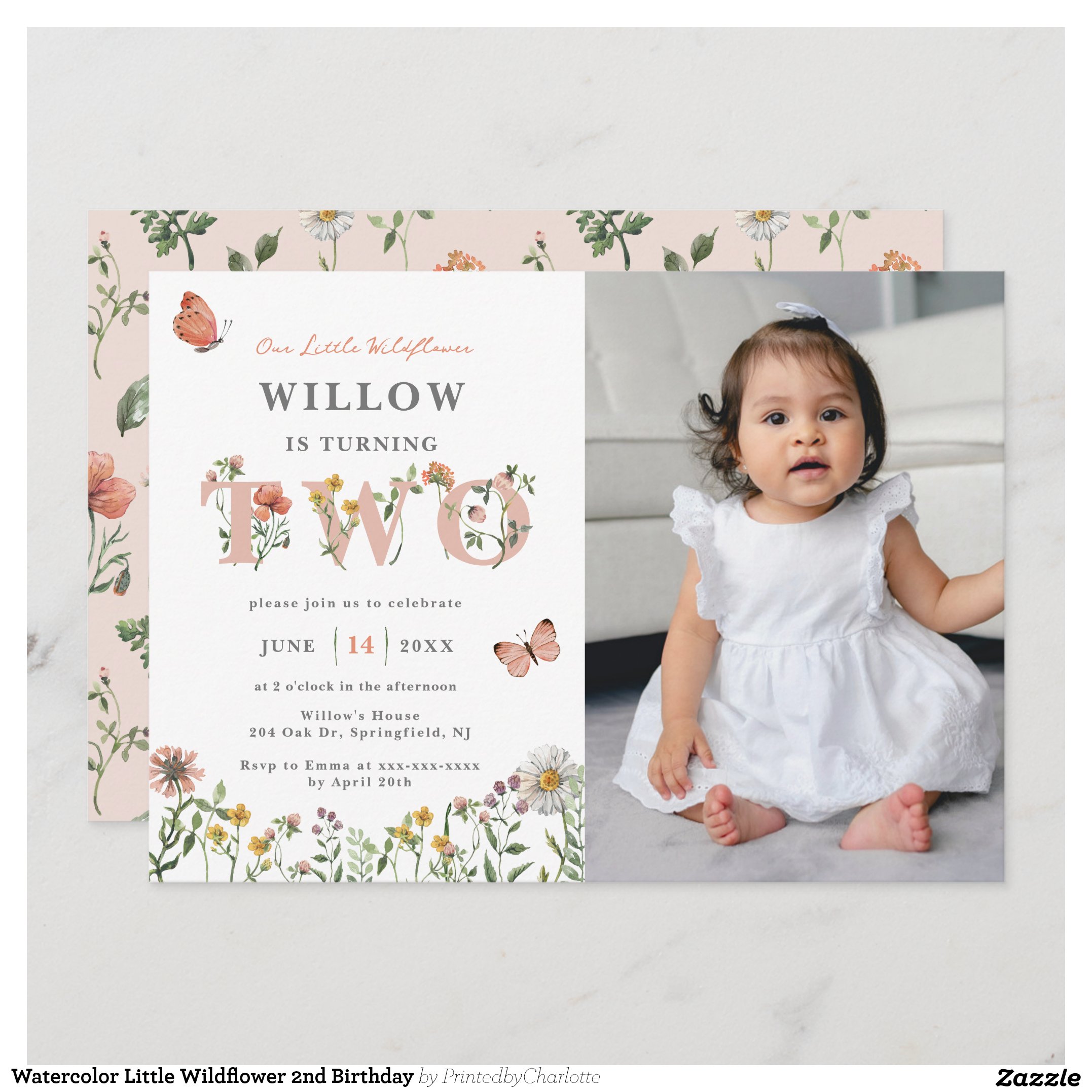 Watercolor Little Wildflower 2nd Birthday Invitation