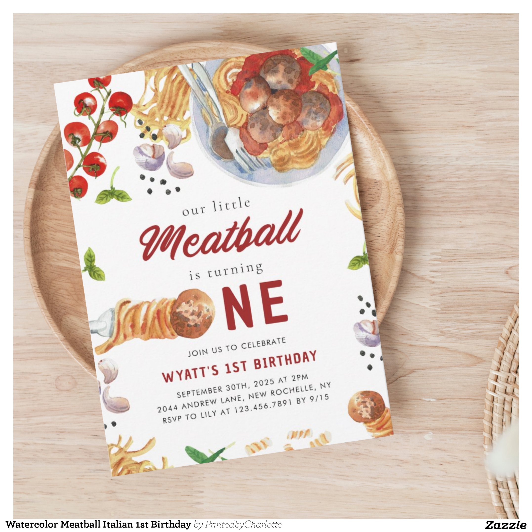 Watercolor Meatball Italian 1st Birthday Invitation
