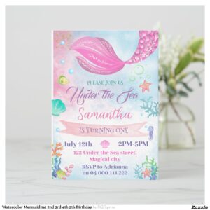 Watercolor Mermaid 1st 2nd 3rd 4th 5th Birthday Invitation
