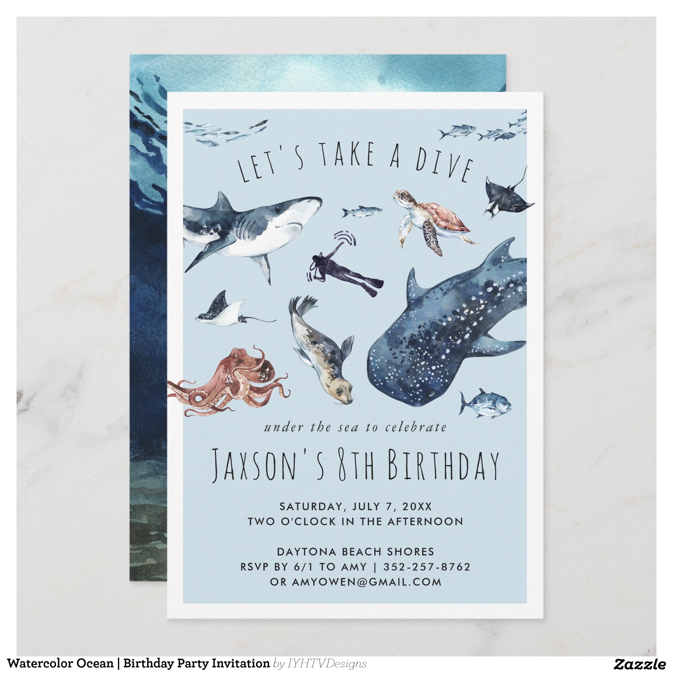 Watercolor Ocean Birthday Party Invitation