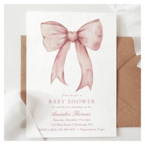 Watercolor Pink Bow Girl Baby Shower Invitation