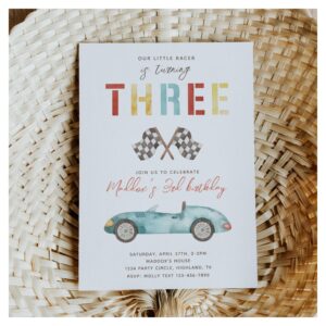 Watercolor Race Car Third Birthday Invitation