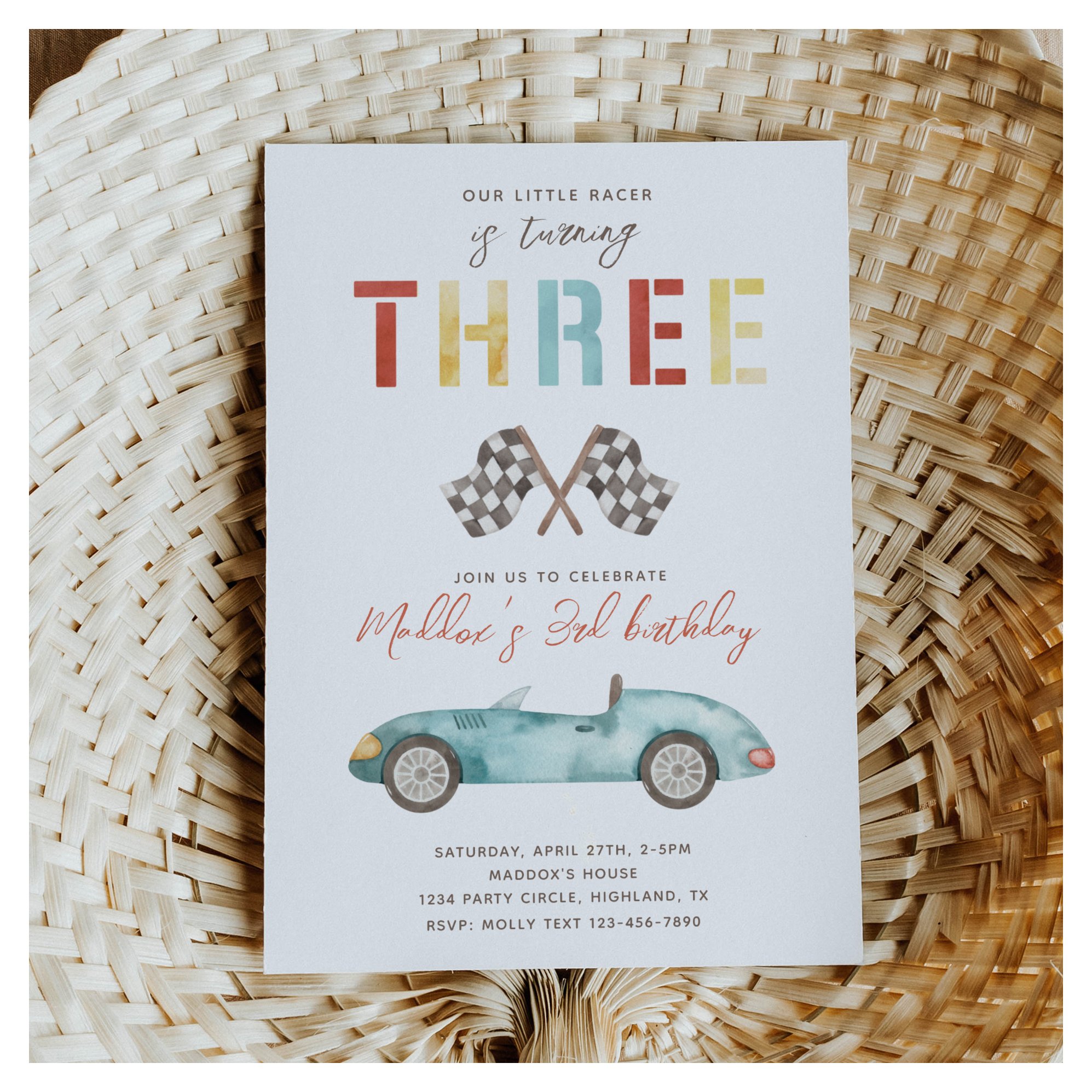 Watercolor Race Car Third Birthday Invitation